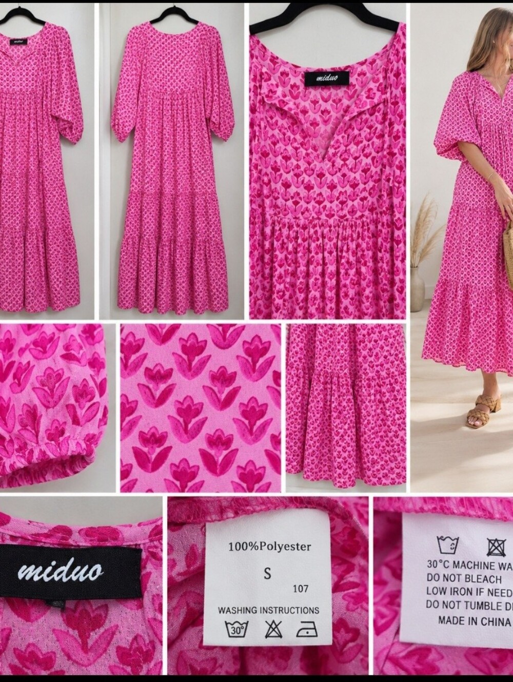 Miduo Pink Floral Maxi Dress Small Boho V Neck Balloon Sleeve Tiered